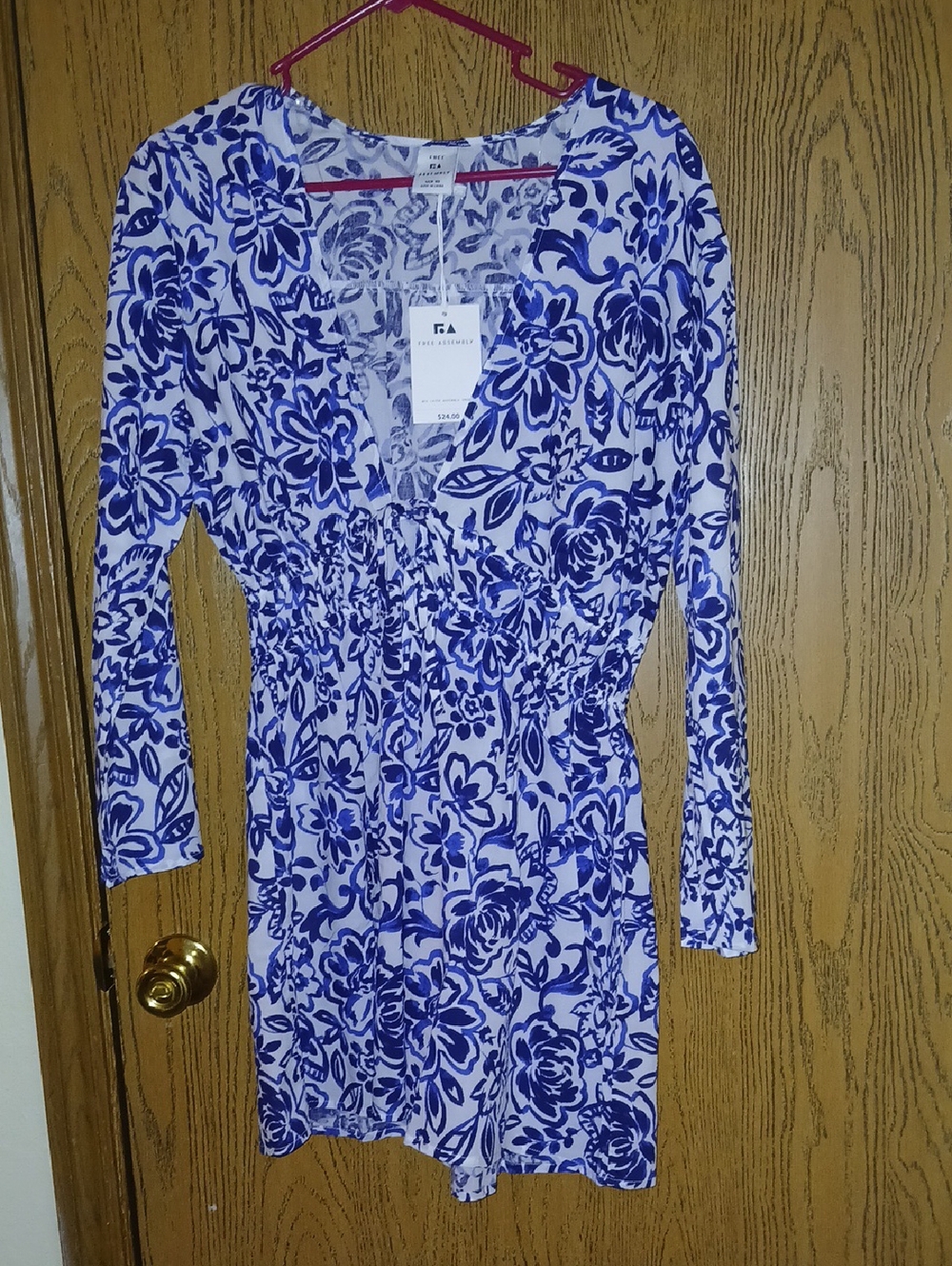 Blue Floral Long Sleeve V-Neck Elastic-Waist Dress